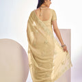 Beige Gold Embroidered Net Saree with Heavy Silver Border