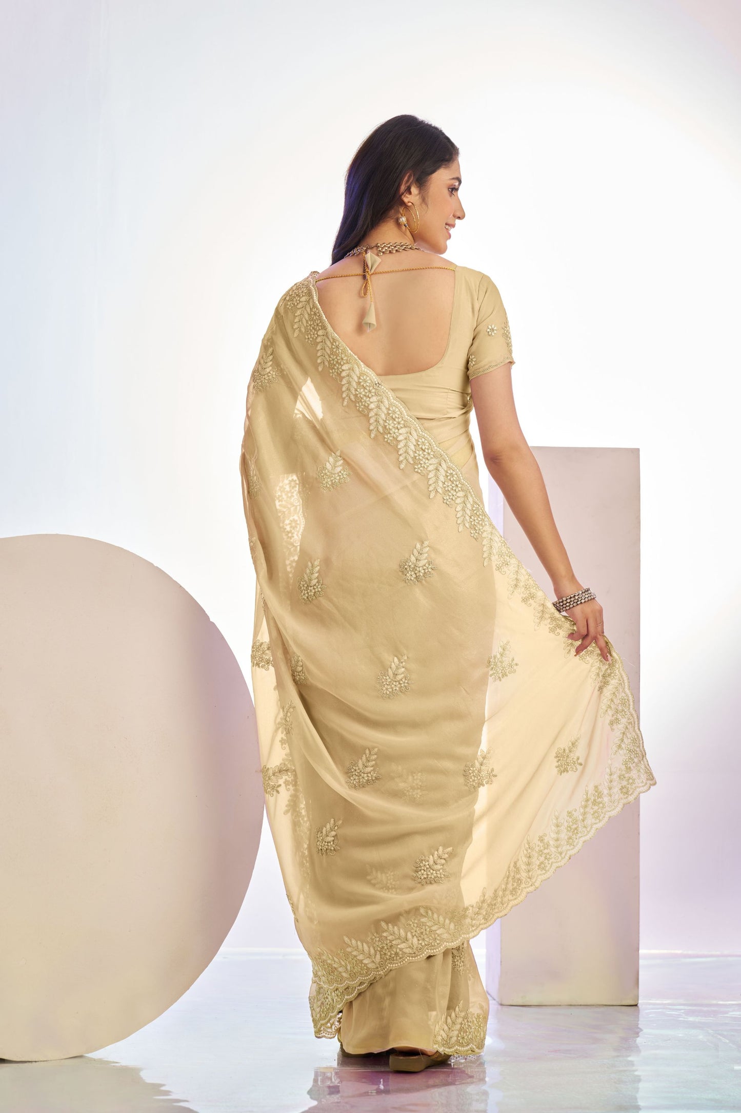 Beige Gold Embroidered Net Saree with Heavy Silver Border
