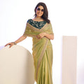 Olive Green Organza Saree Golden Border Embroidered Designer Blouse