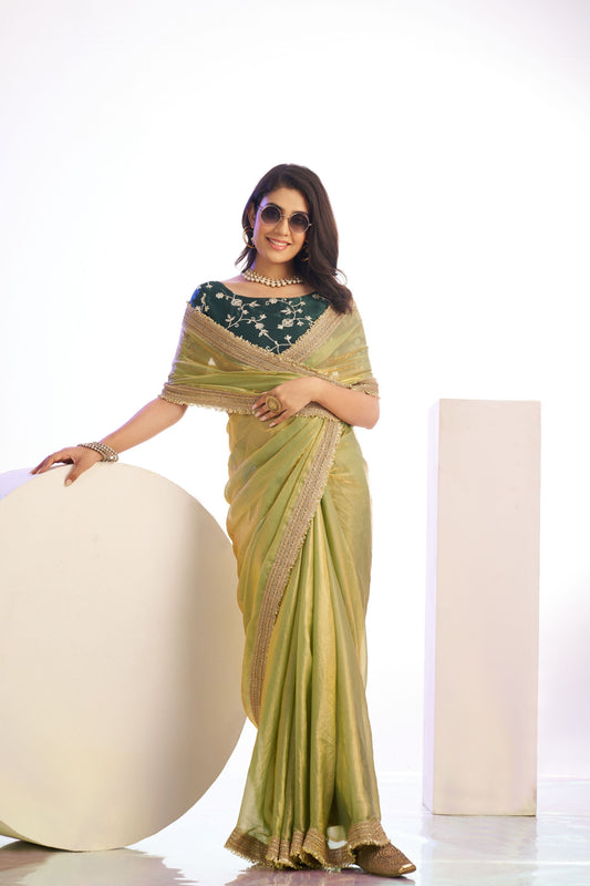 Olive Green Organza Saree Golden Border Embroidered Designer Blouse