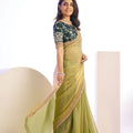 Olive Green Organza Saree Golden Border Embroidered Designer Blouse
