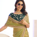 Olive Green Organza Saree Golden Border Embroidered Designer Blouse
