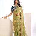 Olive Green Organza Saree Golden Border Embroidered Designer Blouse