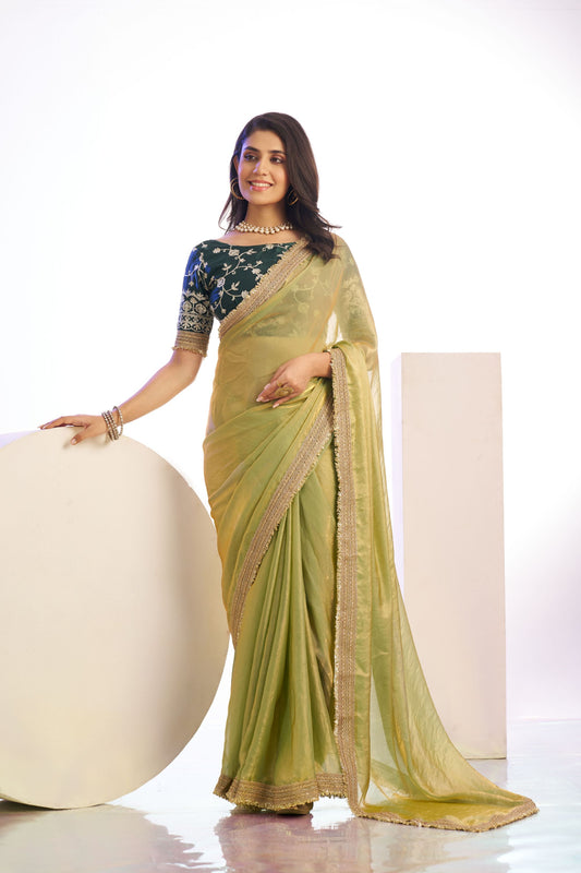 Olive Green Organza Saree Golden Border Embroidered Designer Blouse