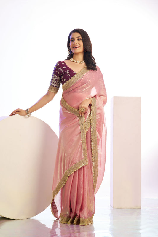 Pink Organza Silk Saree Golden Zari Border Embroidered Designer Blouse