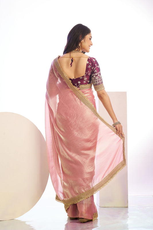 Pink Organza Silk Saree Golden Zari Border Embroidered Designer Blouse