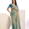 Sea Green Organza Silk Saree Golden Zari Border Teal Designer Blouse