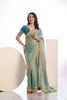 Sea Green Organza Silk Saree Golden Zari Border Teal Designer Blouse