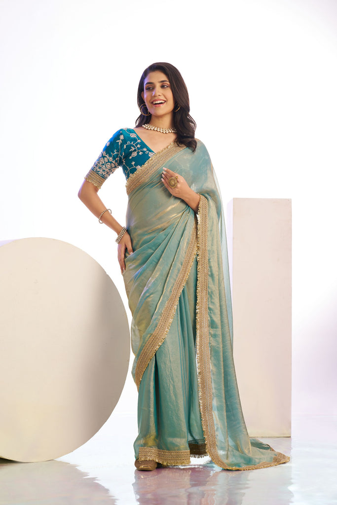 Sea Green Organza Silk Saree Golden Zari Border Teal Designer Blouse
