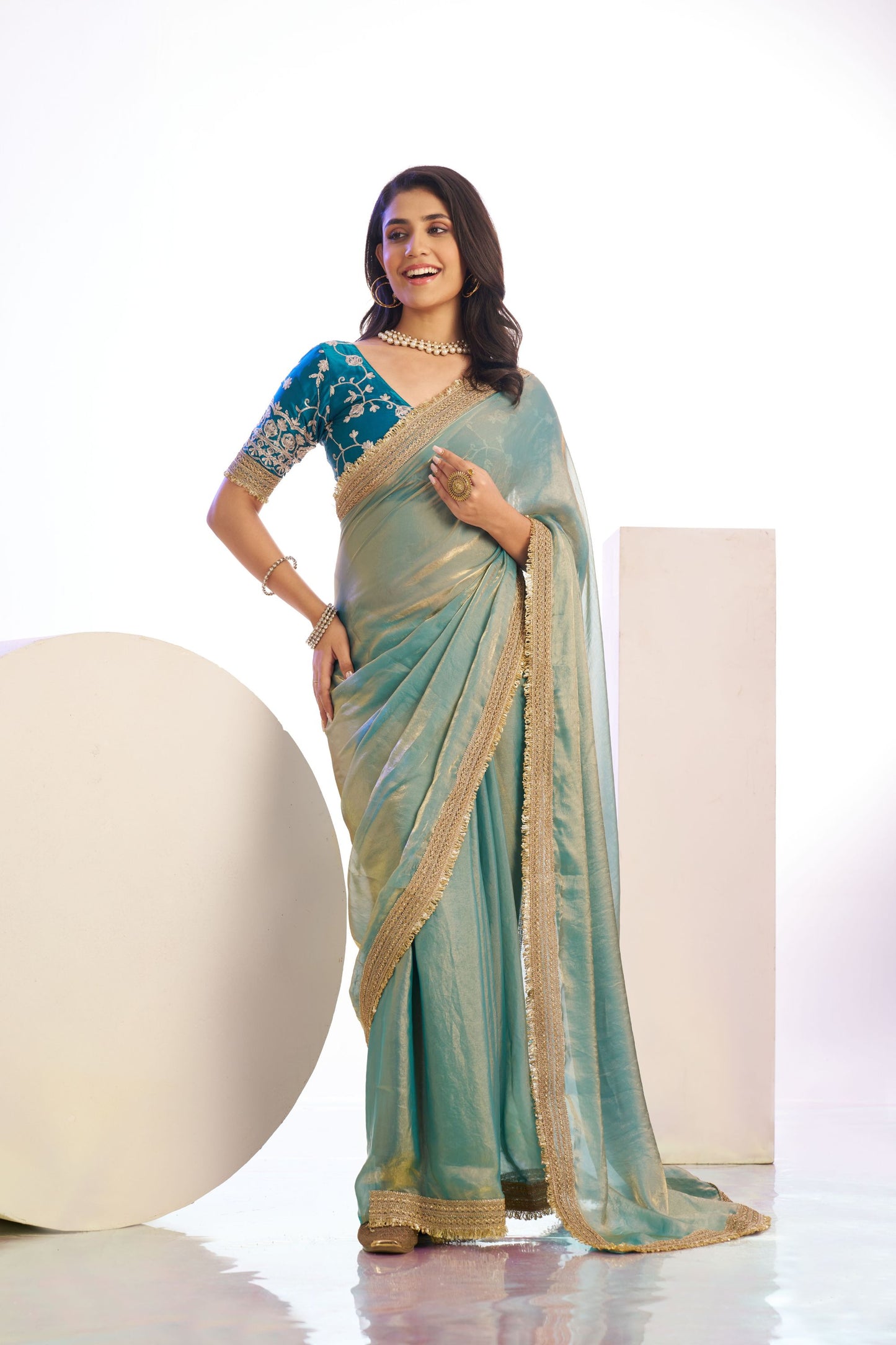 Sea Green Organza Silk Saree Golden Zari Border Teal Designer Blouse
