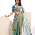Sea Green Organza Silk Saree Golden Zari Border Teal Designer Blouse