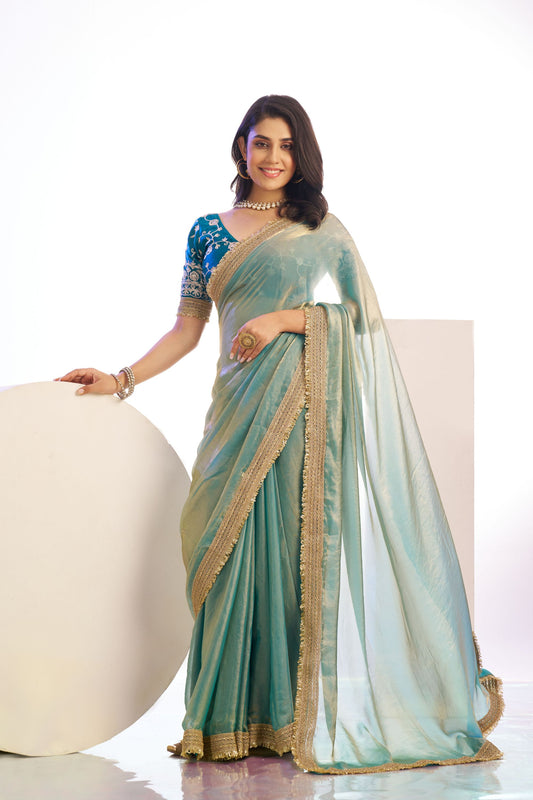 Sea Green Organza Silk Saree Golden Zari Border Teal Designer Blouse