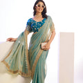 Sea Green Organza Silk Saree Golden Zari Border Teal Designer Blouse