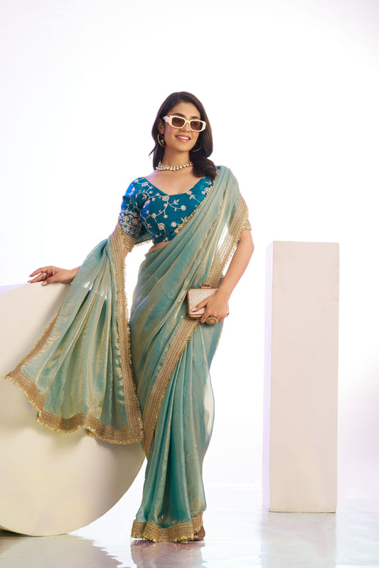 Sea Green Organza Silk Saree Golden Zari Border Teal Designer Blouse