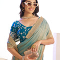 Sea Green Organza Silk Saree Golden Zari Border Teal Designer Blouse