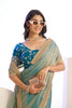 Sea Green Organza Silk Saree Golden Zari Border Teal Designer Blouse