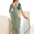 Sea Green Organza Silk Saree Golden Zari Border Teal Designer Blouse