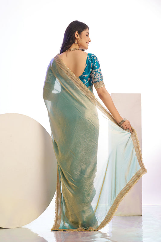 Sea Green Organza Silk Saree Golden Zari Border Teal Designer Blouse