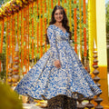 Elegant Blue and Cream Floral Printed Cotton Silk Readymade Kurti for Casual Wear