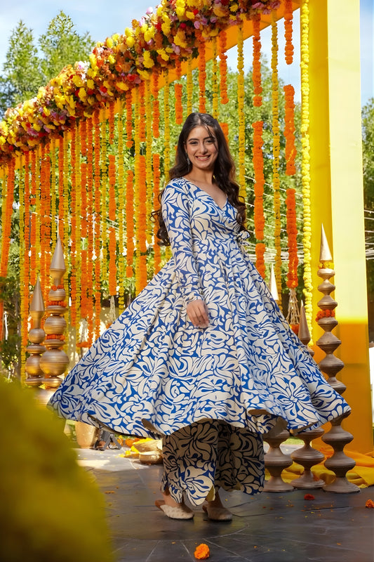 Elegant Blue and Cream Floral Printed Cotton Silk Readymade Kurti for Casual Wear