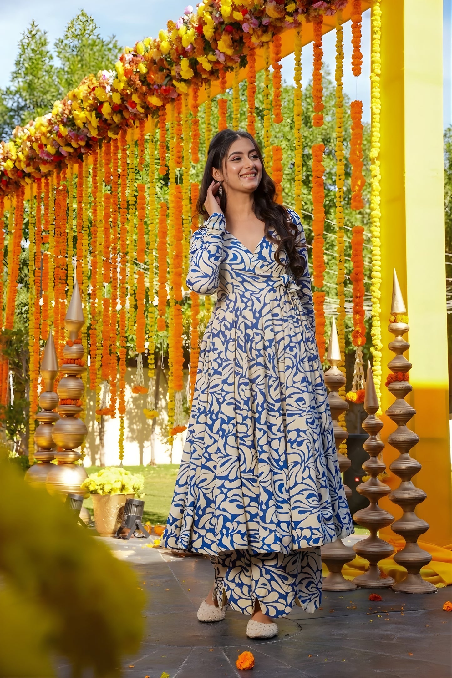 Elegant Blue and Cream Floral Printed Cotton Silk Readymade Kurti for Casual Wear