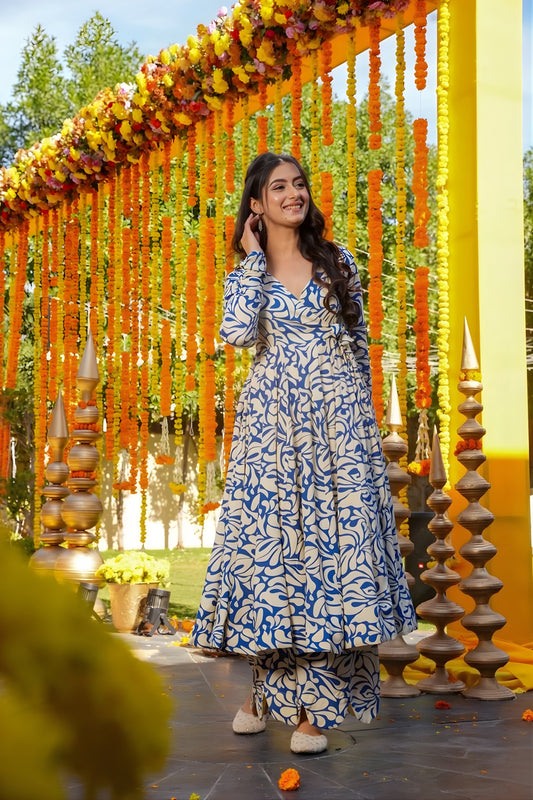 Elegant Blue and Cream Floral Printed Cotton Silk Readymade Kurti for Casual Wear