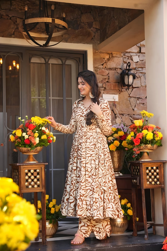 Stylish Brown and Cream Floral Printed Cotton Silk Readymade Kurti for Casual Wear