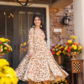 Stylish Brown and Cream Floral Printed Cotton Silk Readymade Kurti for Casual Wear
