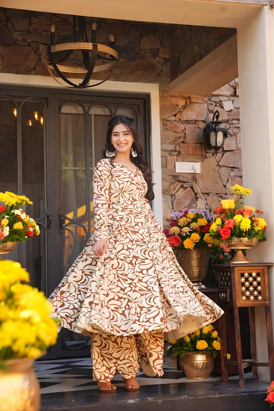 Stylish Brown and Cream Floral Printed Cotton Silk Readymade Kurti for Casual Wear