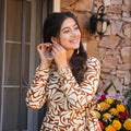 Stylish Brown and Cream Floral Printed Cotton Silk Readymade Kurti for Casual Wear