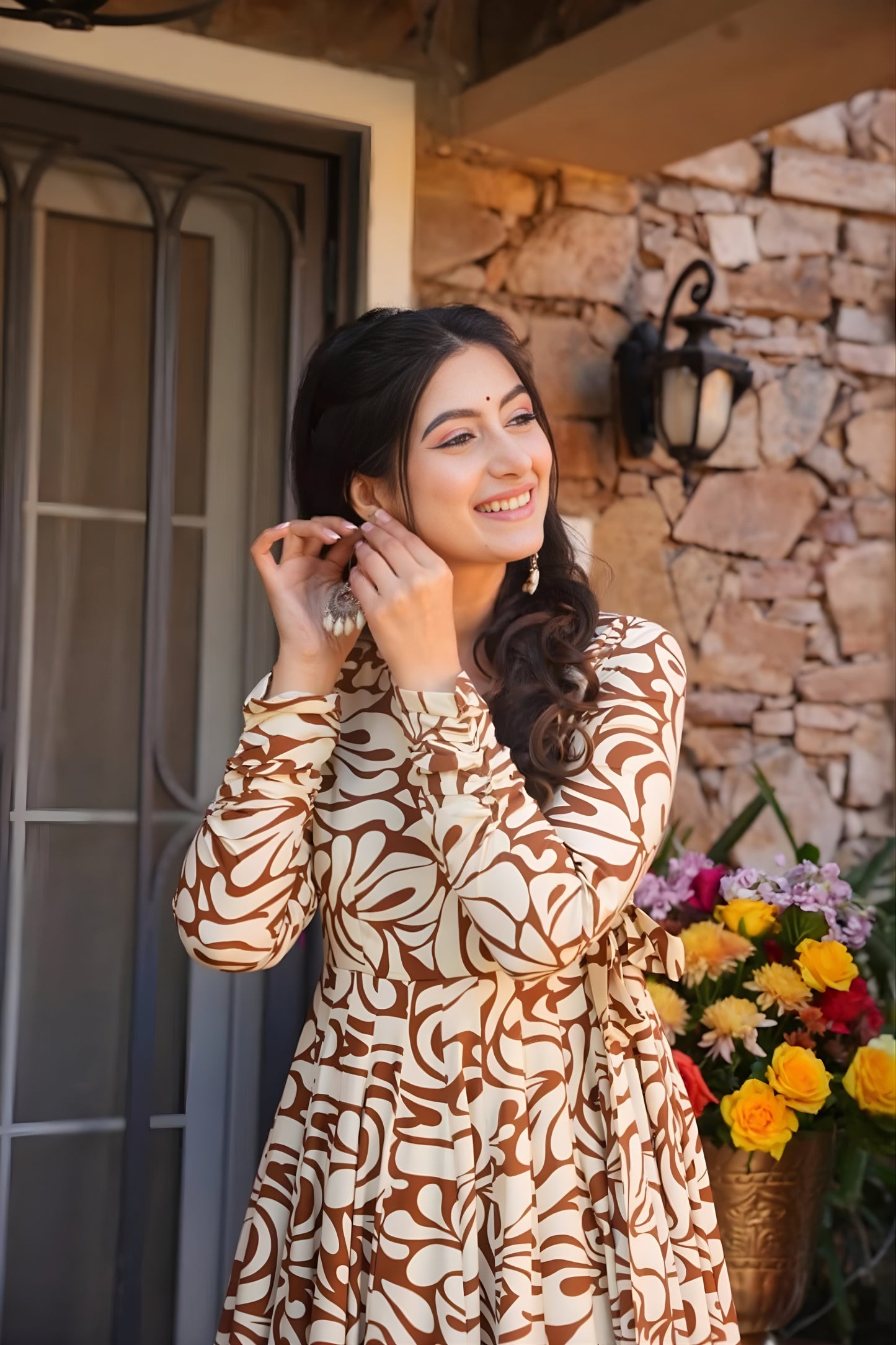 Stylish Brown and Cream Floral Printed Cotton Silk Readymade Kurti for Casual Wear