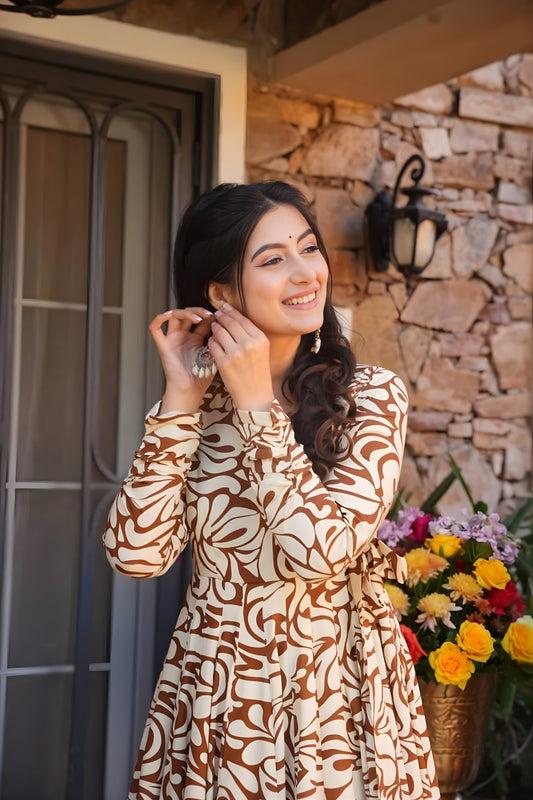 Stylish Brown and Cream Floral Printed Cotton Silk Readymade Kurti for Casual Wear