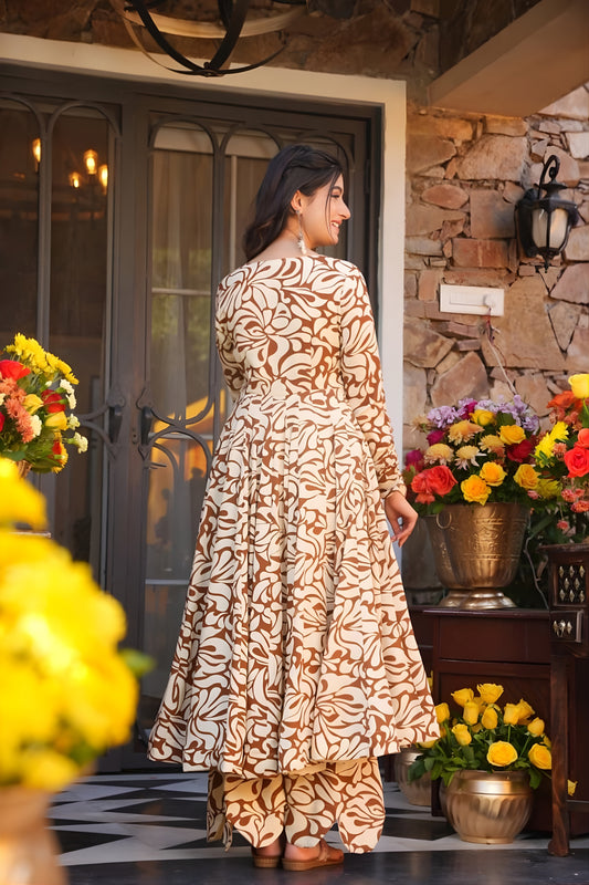 Stylish Brown and Cream Floral Printed Cotton Silk Readymade Kurti for Casual Wear