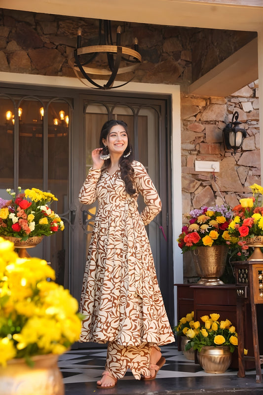 Stylish Brown and Cream Floral Printed Cotton Silk Readymade Kurti for Casual Wear