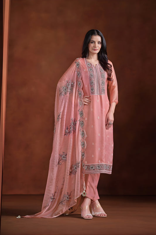 Elegant Peach Embroidered Organza Straight Salwar Suit with Dupatta for Wedding