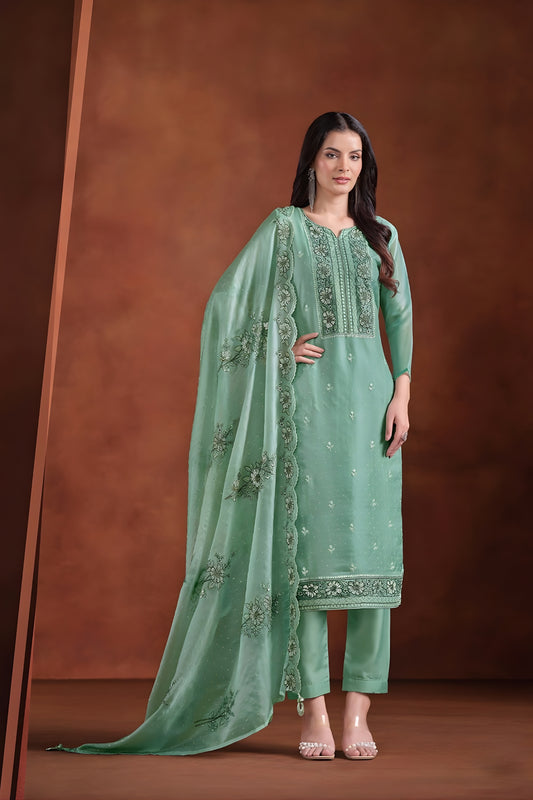 Cool Mint Green Embroidered Organza Straight Salwar Suit with Dupatta