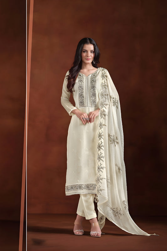 Superb White Embroidered Organza Straight Salwar Suit with Dupatta for Wedding