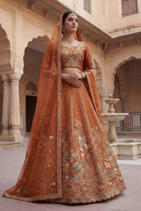 Royal Rust Orange Heavy Embroidered Silk Lehenga Choli with Dupatta for Wedding