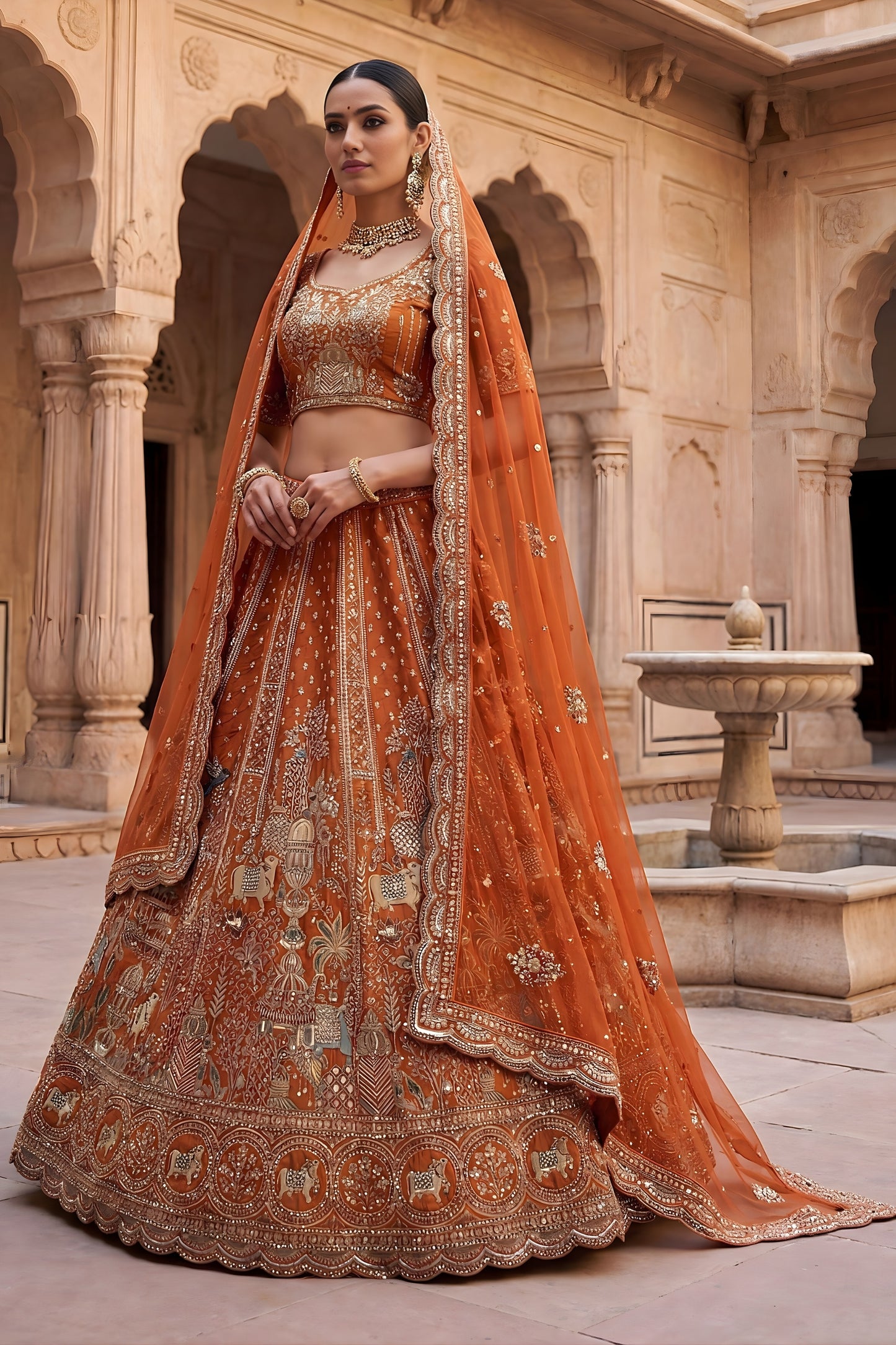 Royal Rust Orange Heavy Embroidered Silk Lehenga Choli with Dupatta for Wedding