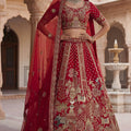 Traditional Red Heavy Embroidered Silk Bridal Lehenga Choli with Net Dupatta for Wedding