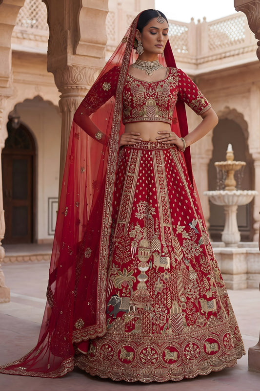 Traditional Red Heavy Embroidered Silk Bridal Lehenga Choli with Net Dupatta for Wedding