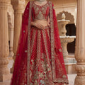 Traditional Red Heavy Embroidered Silk Bridal Lehenga Choli with Net Dupatta for Wedding