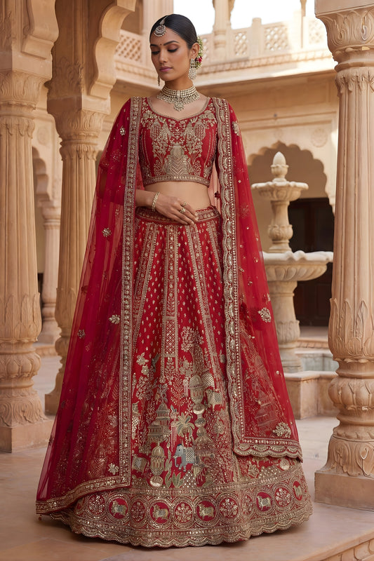 Traditional Red Heavy Embroidered Silk Bridal Lehenga Choli with Net Dupatta for Wedding