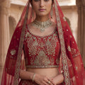 Traditional Red Heavy Embroidered Silk Bridal Lehenga Choli with Net Dupatta for Wedding