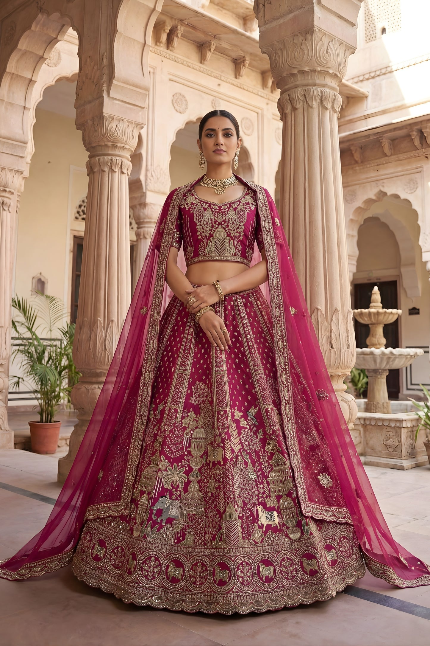 Designer Rani Pink Heavy Embroidered Silk Bridal Lehenga Choli with Net Dupatta