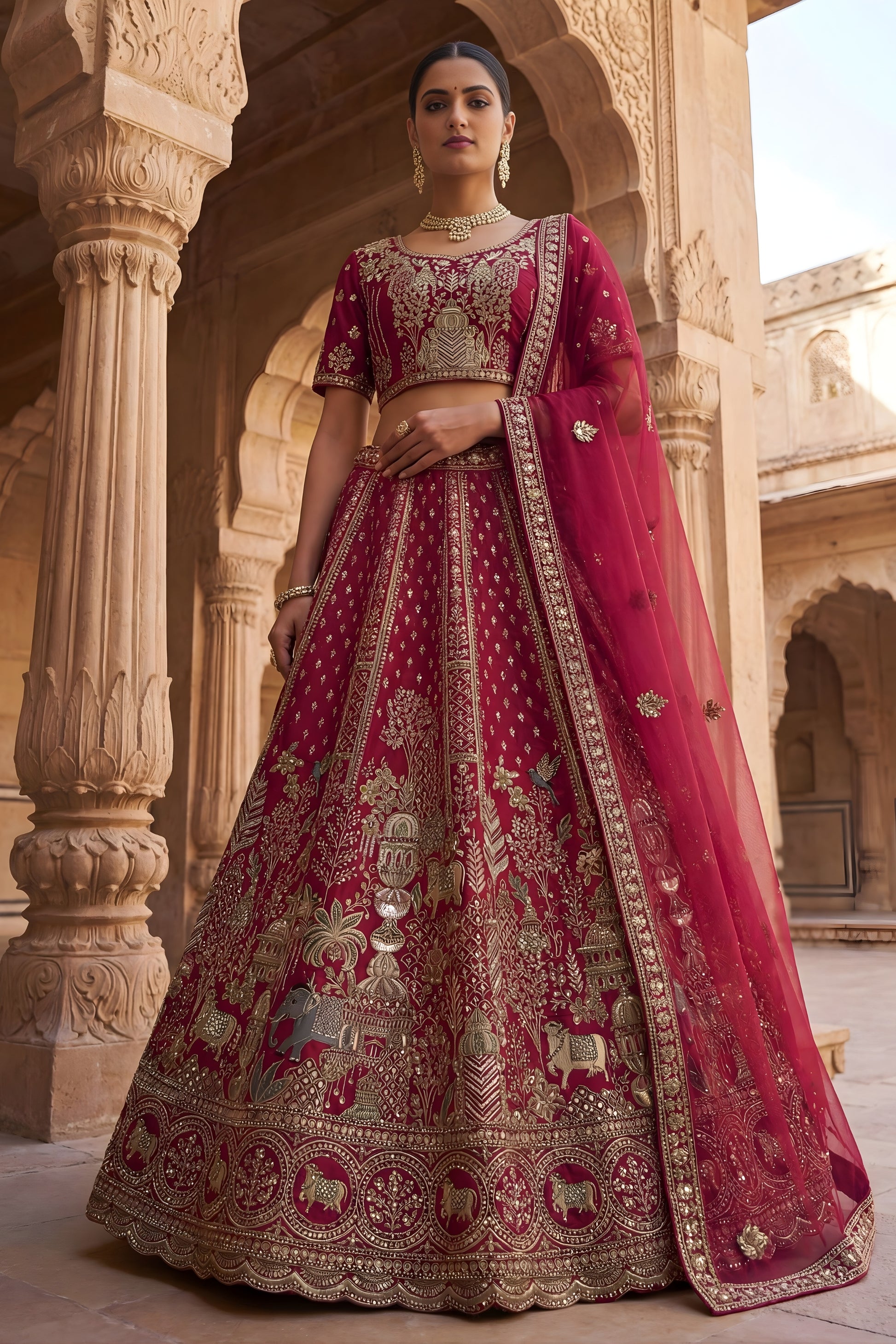 Designer Rani Pink Heavy Embroidered Silk Bridal Lehenga Choli with Net Dupatta