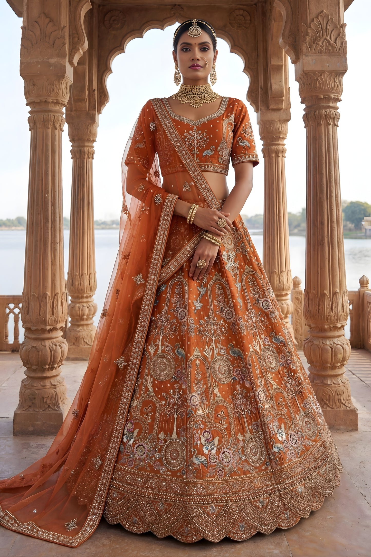 Vibrant Orange Heavy Embroidered Silk Bridal Lehenga Choli with Net Dupatta for Wedding