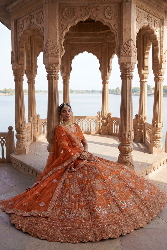 Vibrant Orange Heavy Embroidered Silk Bridal Lehenga Choli with Net Dupatta for Wedding