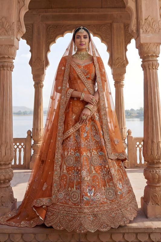 Vibrant Orange Heavy Embroidered Silk Bridal Lehenga Choli with Net Dupatta for Wedding