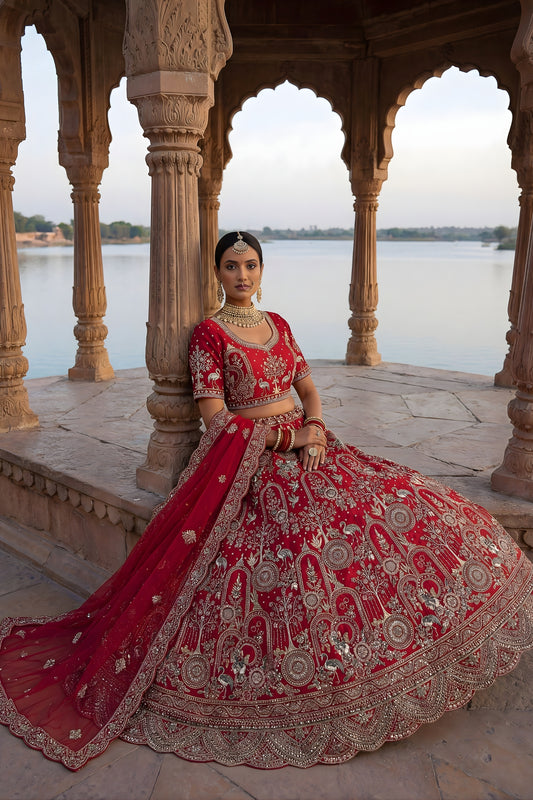 Premium Red Heavy Embroidered Silk Bridal Lehenga Choli with Net Dupatta